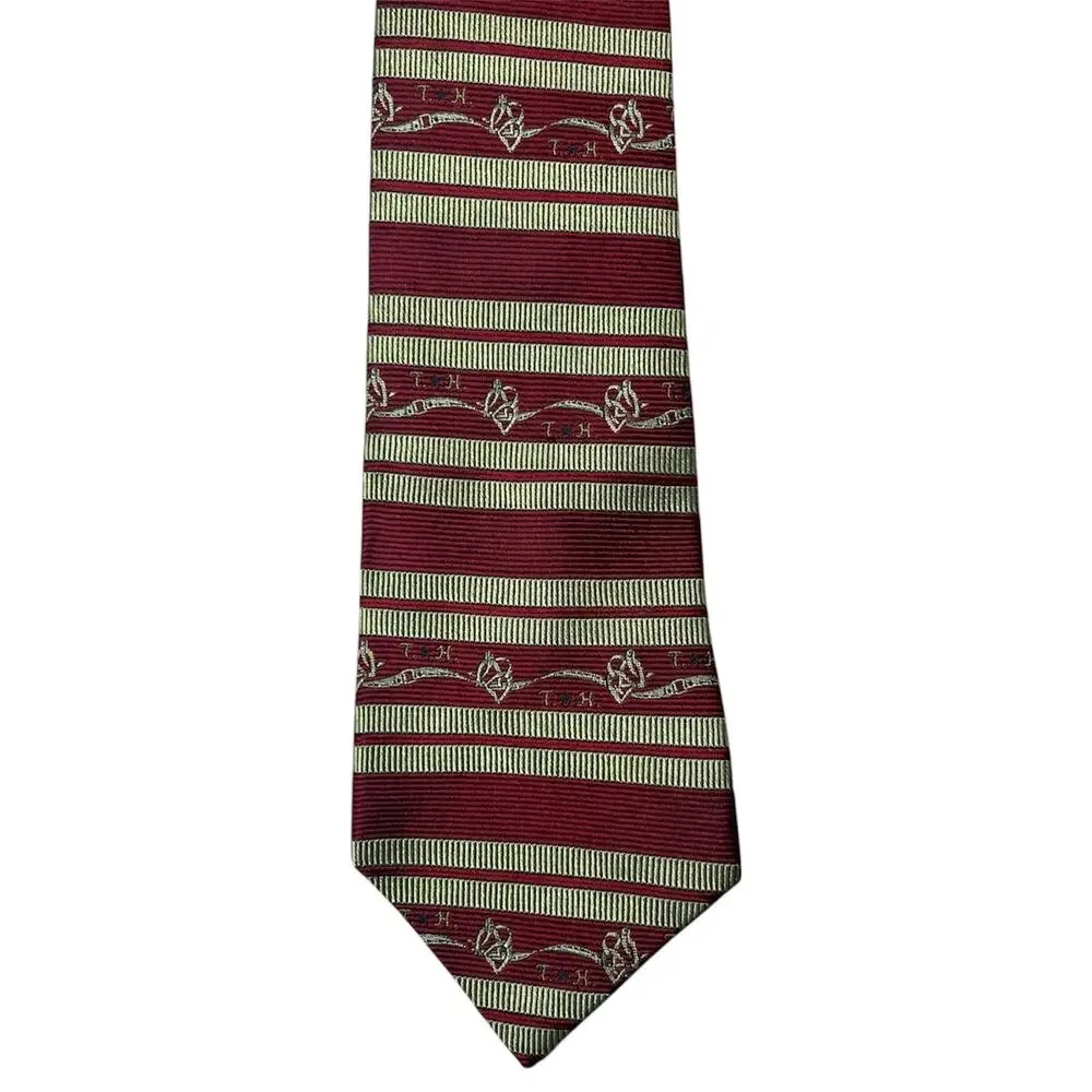 Tommy Hilfiger Burgundy Gold Striped Necktie‎ 100% Italian Silk USA Made